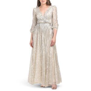 MAC DUGGAL Nude/silver Three-quarter Sleeve Sequin Gown